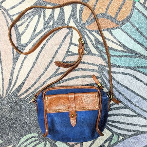 Madewell Handbags - Madewell 1937 Accessories Genuine Blue Suede Cognac Leather Mini Crossbody Bag
